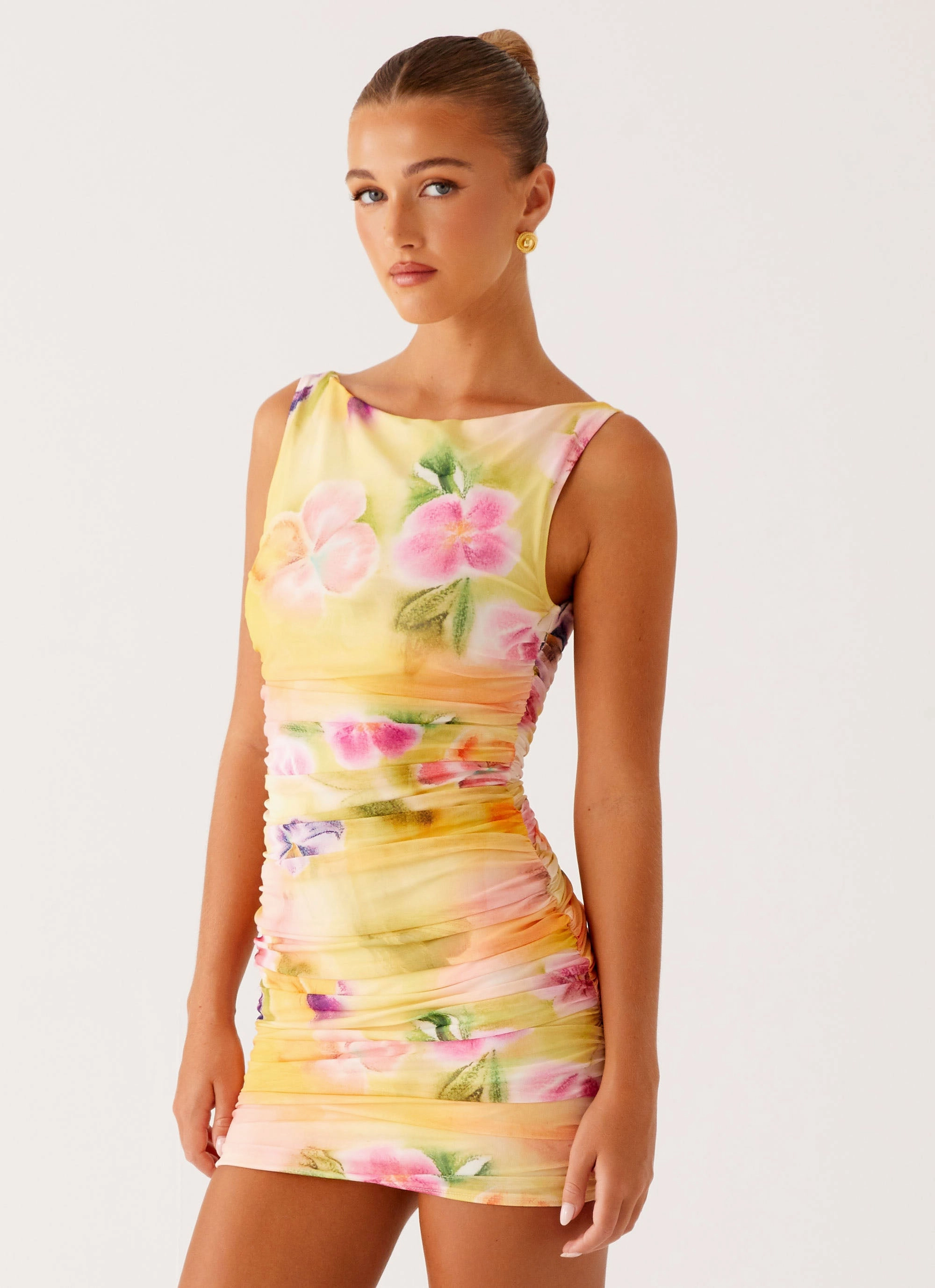 Quilted-Lining Drawstring-Closure Yennifer Mini Dress - Sunburst Floral