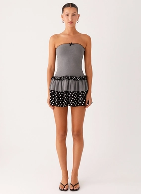 Yerin Strapless Frill Mini Dress - Grey Polkadot elegant design