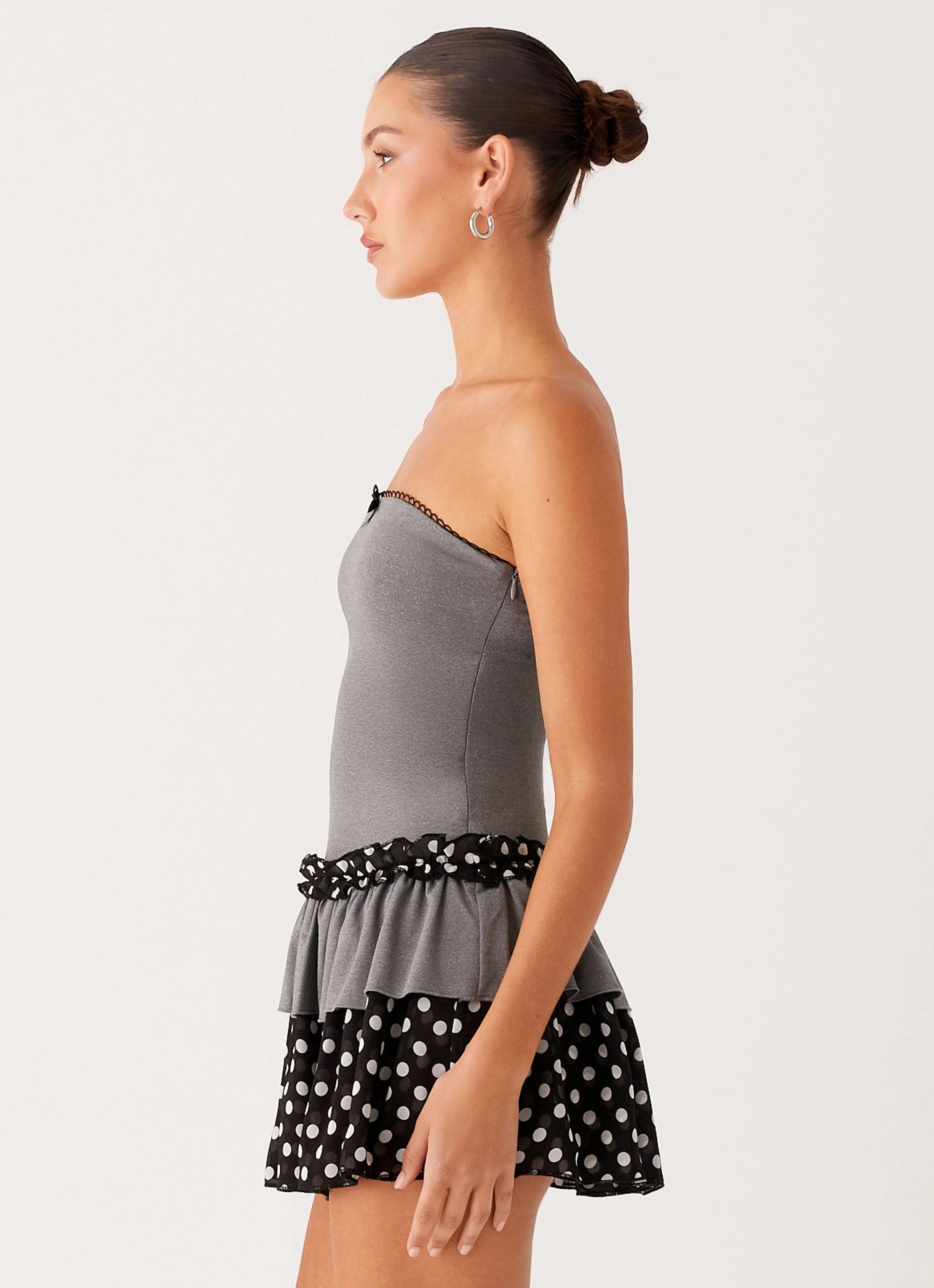 Yerin Strapless Frill Mini Dress - Grey Polkadot Seasonal Comfort