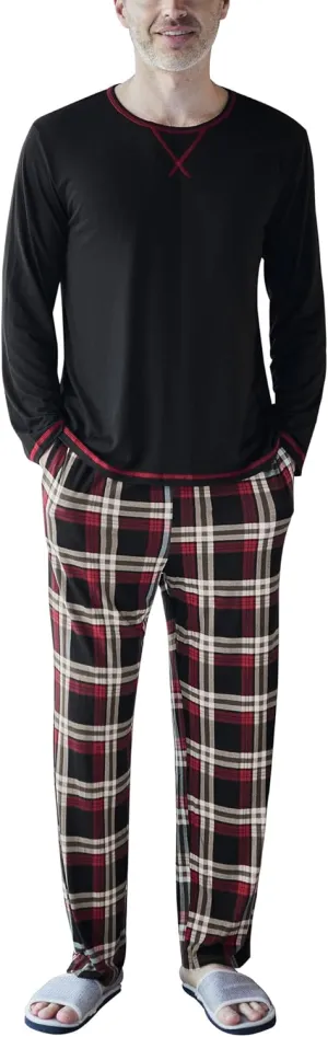 YIMANIE Men's Pajamas Set Soft Cotton Long Sleeves and Pajamas pants Classic Sleepwear Lounge Set
