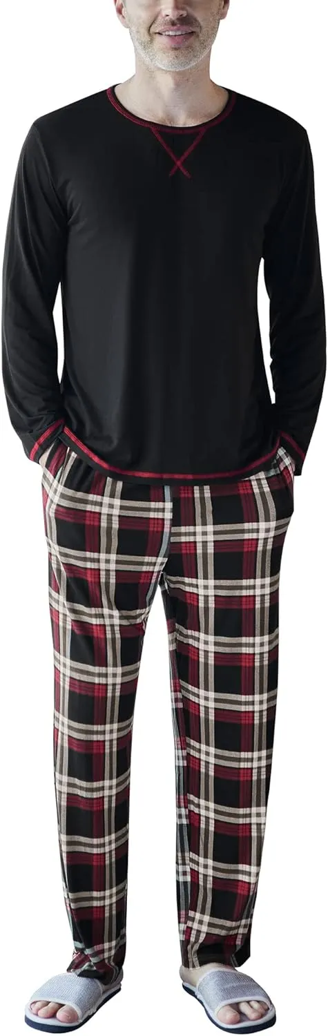 YIMANIE Men's Pajamas Set Soft Cotton Long Sleeves and Pajamas pants Classic Sleepwear Lounge Set