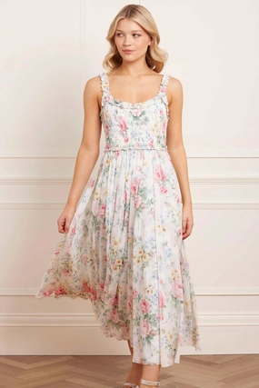 Cool Season Pompadour Garden Chiffon Smocked Cami Ankle Gown