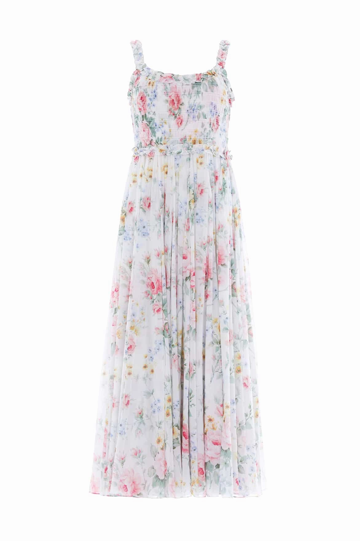 Pompadour Garden Chiffon Smocked Cami Ankle Gown Minimalist-Style Gentle Motion