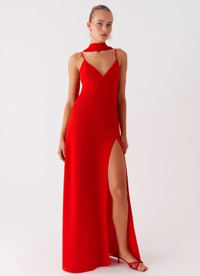 Sophisticated Waist Yorke Scarf Maxi Dress - Raspberry Red