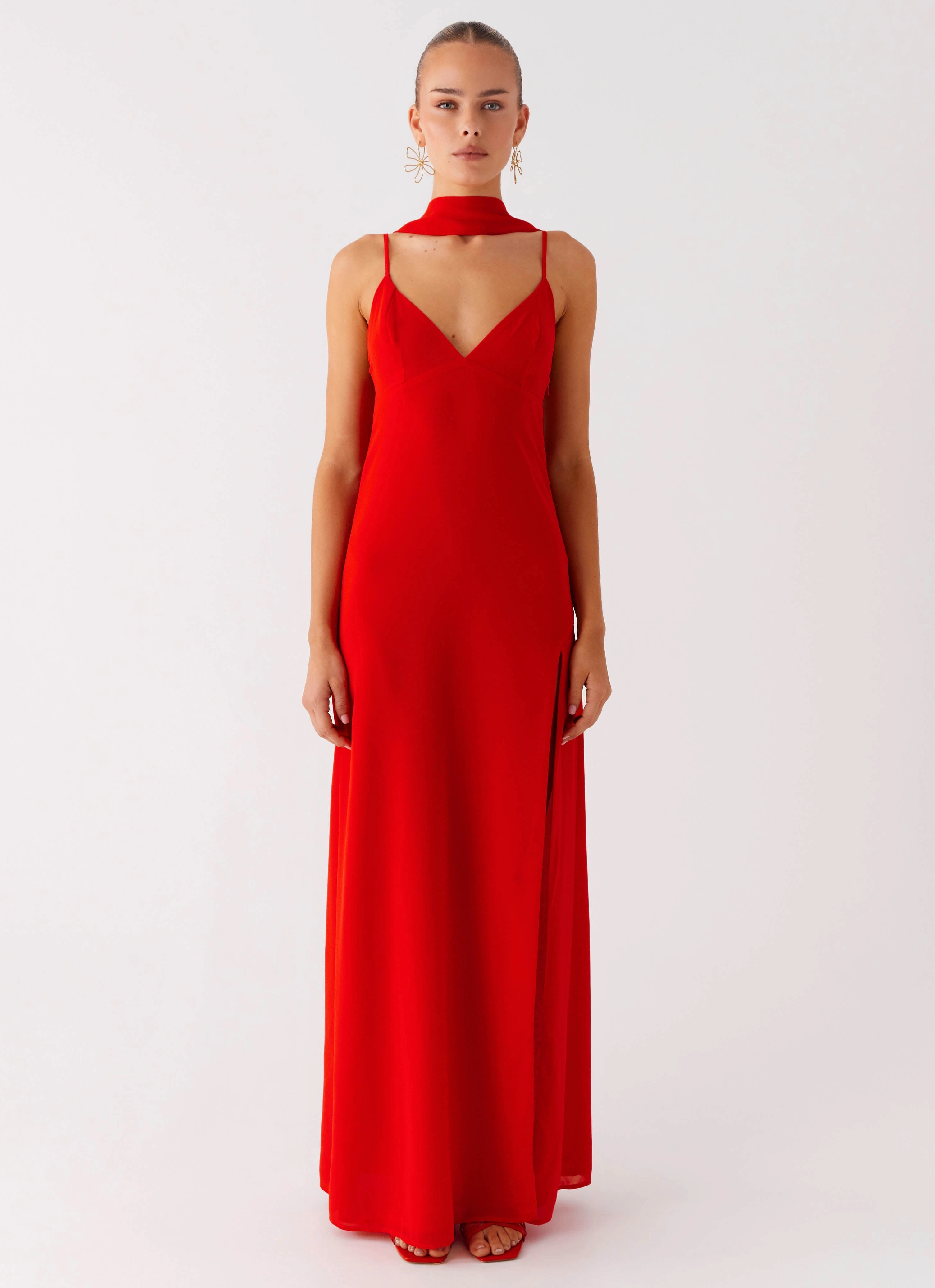 Bishop-Sleeve Yorke Scarf Maxi Dress - Raspberry Red