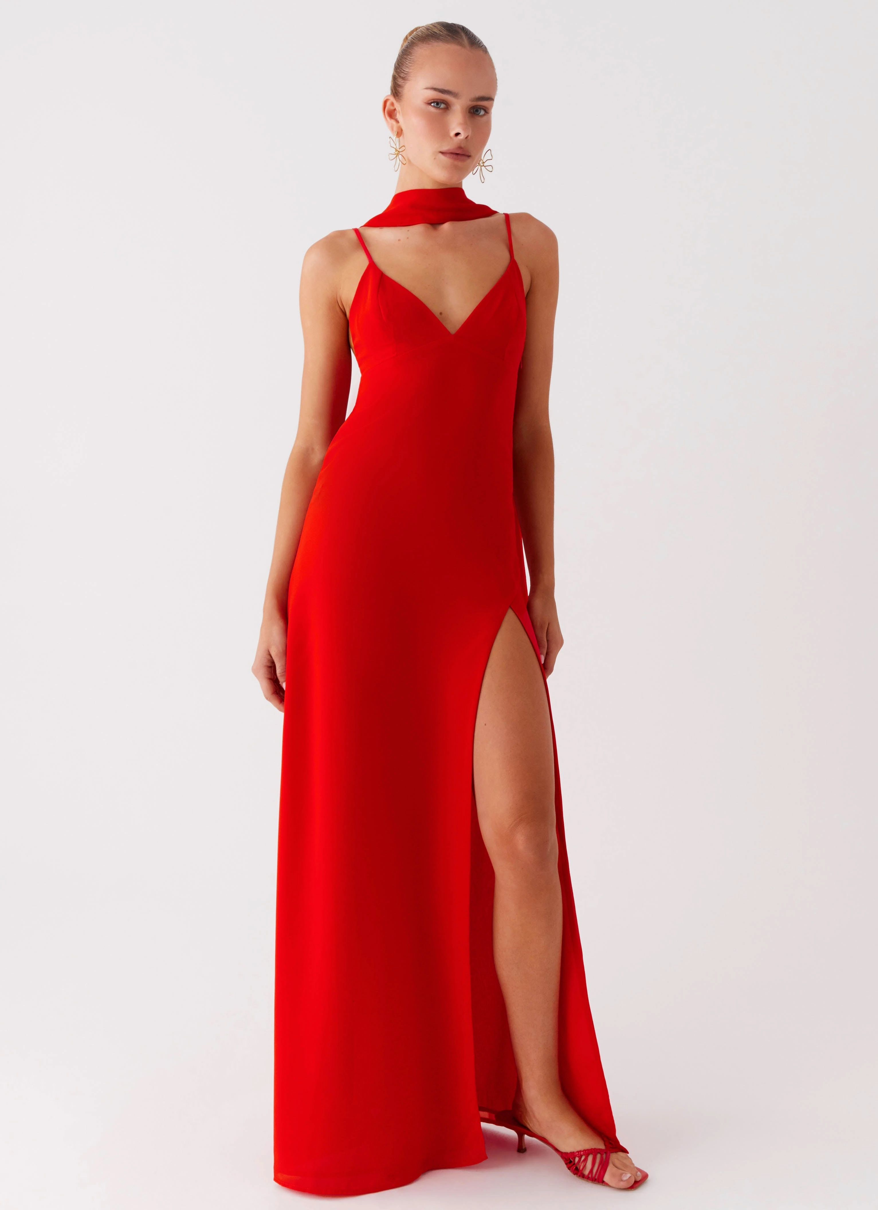 Sophisticated Waist Yorke Scarf Maxi Dress - Raspberry Red