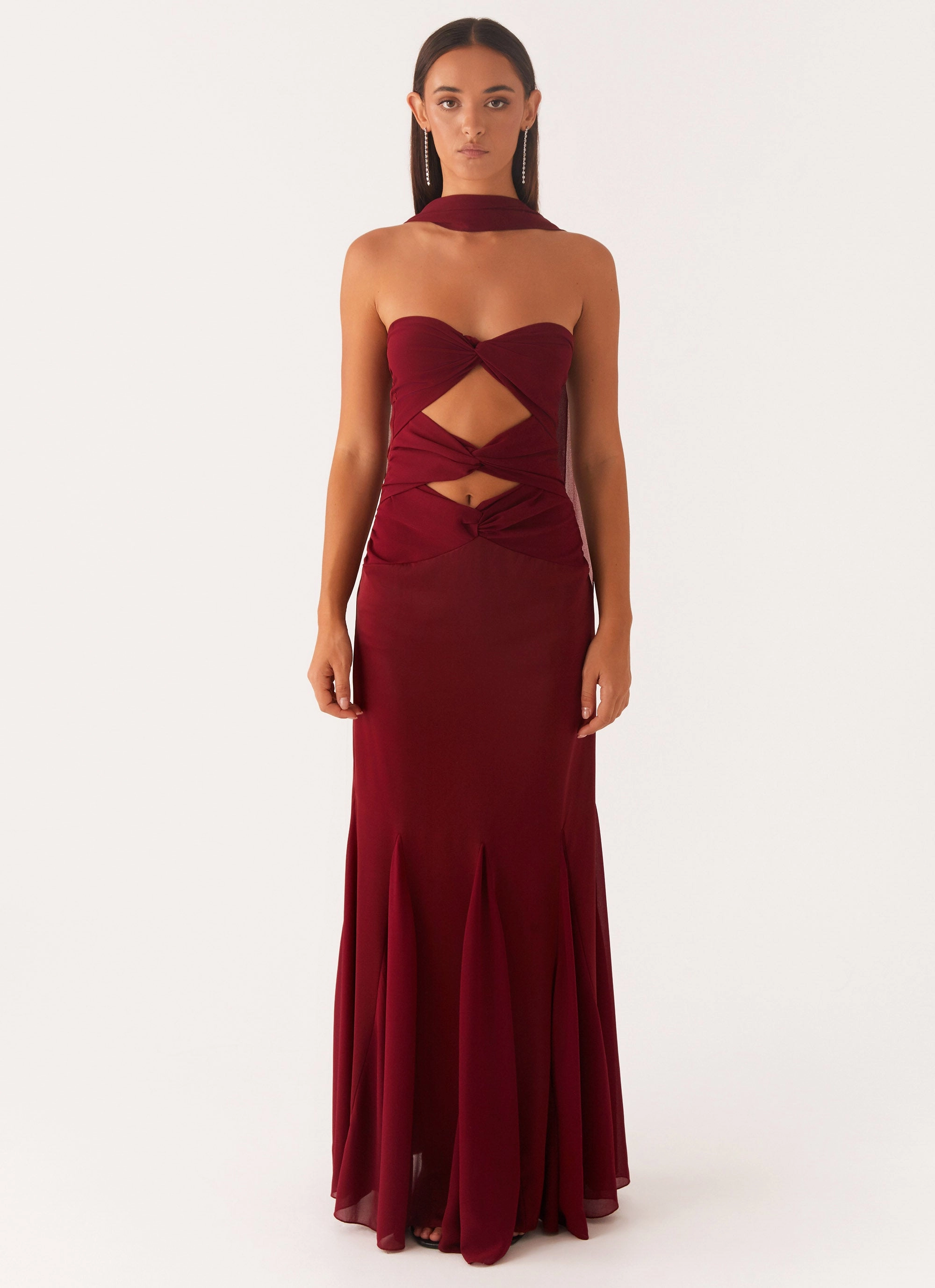 Subtle Detail Side Pleats Melrose Satin Chiffon Maxi Dress - Deep Red