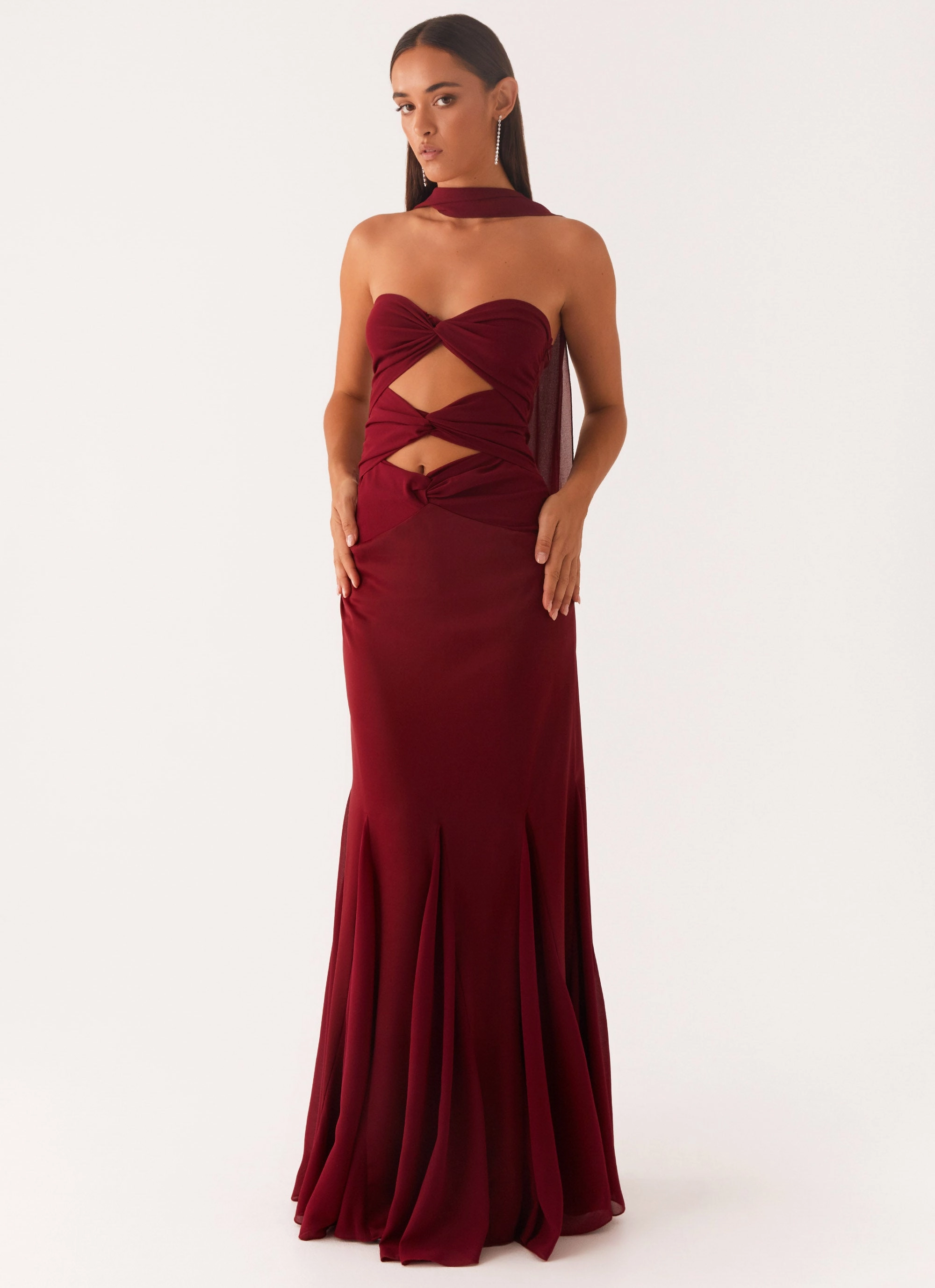 Melrose Satin Chiffon Maxi Dress - Deep Red Chic beachwear dress