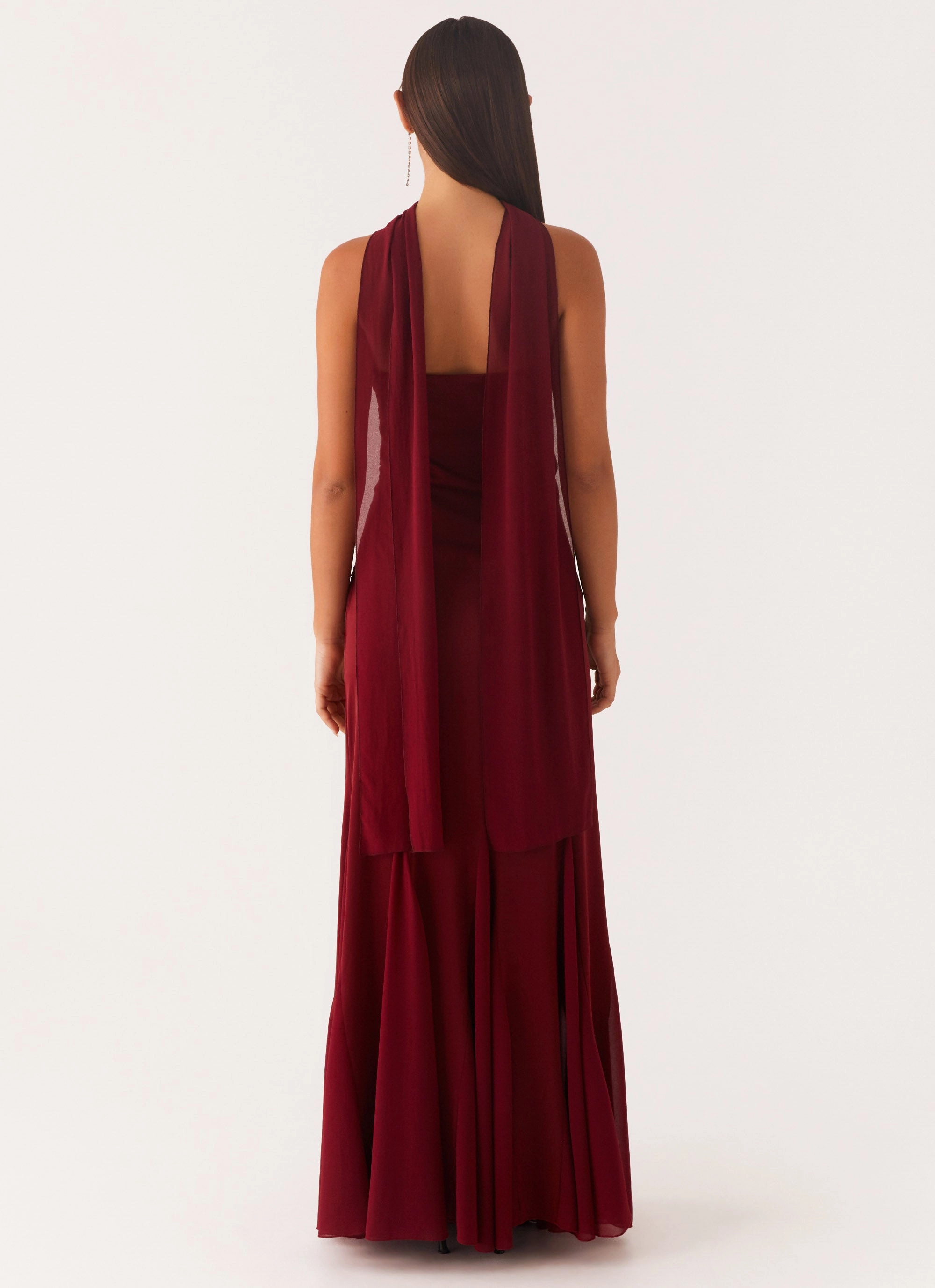 Melrose Satin Chiffon Maxi Dress - Deep Red Layered-Sleeve Ready Anytime