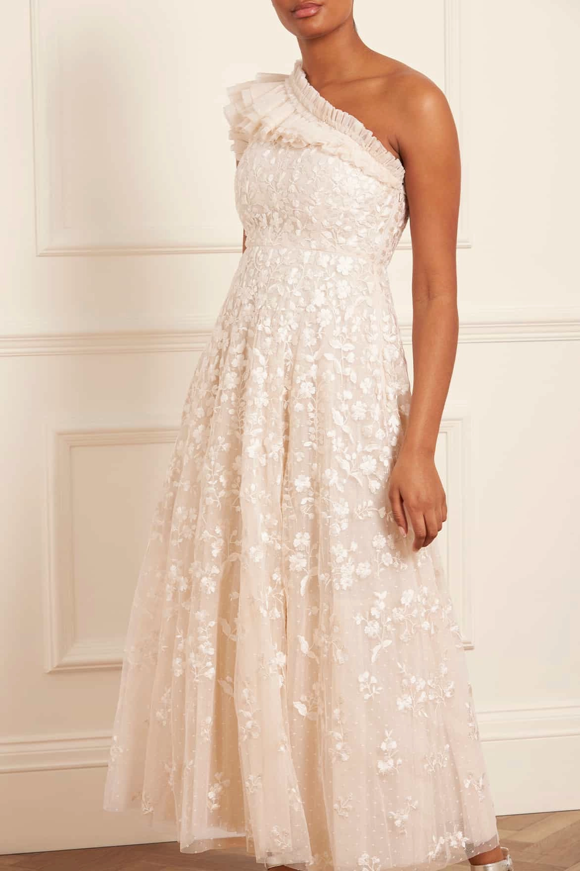 Bare Glow Fringe-Detail Posy Pirouette One-Shoulder Ankle Gown