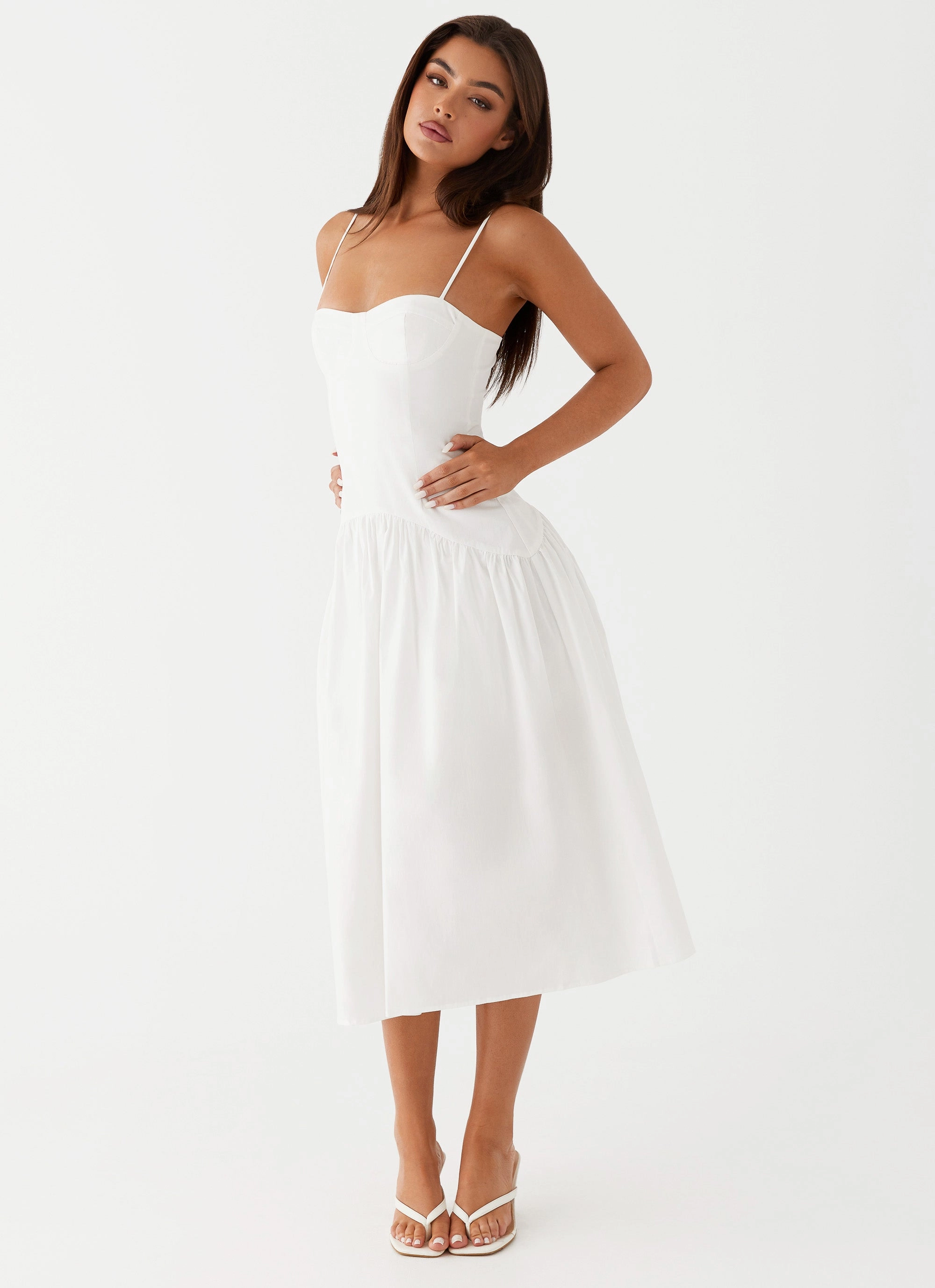 Yvette Corset Midi Dress - White Polished Details Lower Hem
