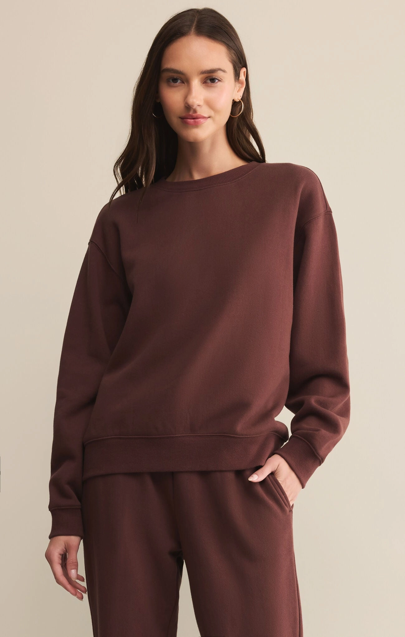 Z Supply Boyfriend Cotton Sweatshirt in Sandalwood Tapered Side Panels AntiFade Treatment