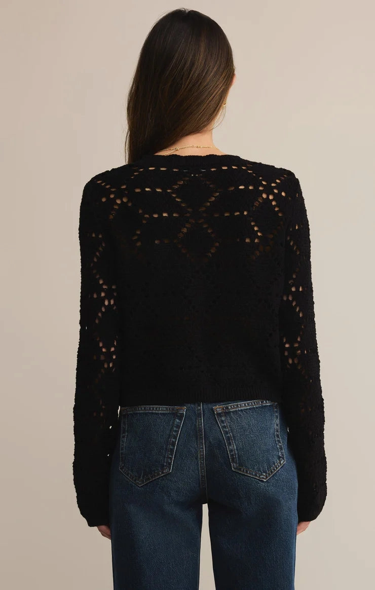 Z Supply Rosalyn Diamond Sweater Cardigan in Black DoubleLayered Neckline