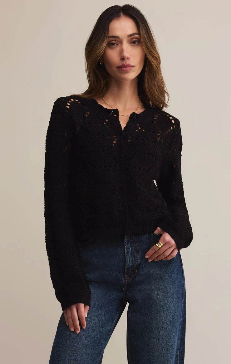 DurableZipper ReflectiveTrim Z Supply Rosalyn Diamond Sweater Cardigan in Black