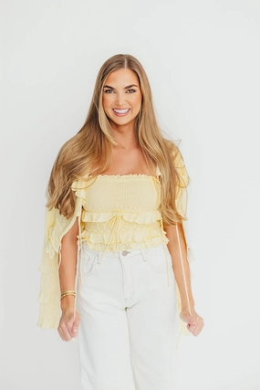 Low Profile Waistband Integration Zayne Cardigan and Strapless Tube Top and Sweater Set in Yellow