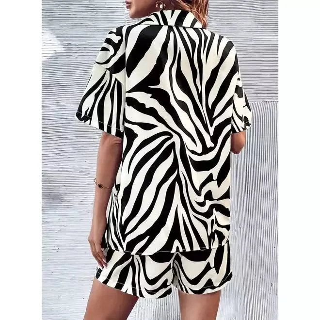 Zebra Print Shorts and Shirt Co-ord Set Black and White