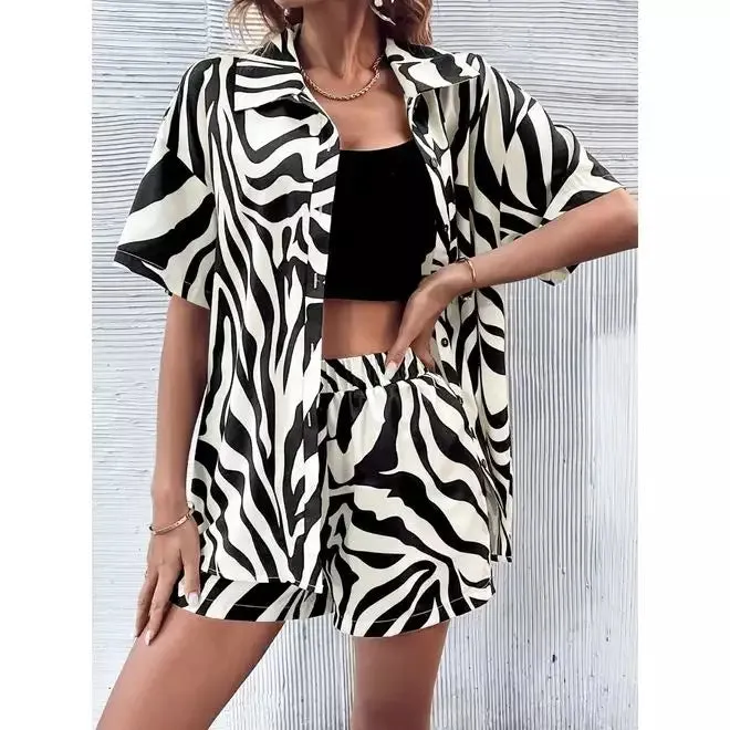 Zebra Print Shorts and Shirt Co-ord Set Black and White