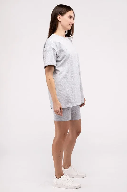 Zenana Cotton Blend Top & Biker Shorts Loungewear Set