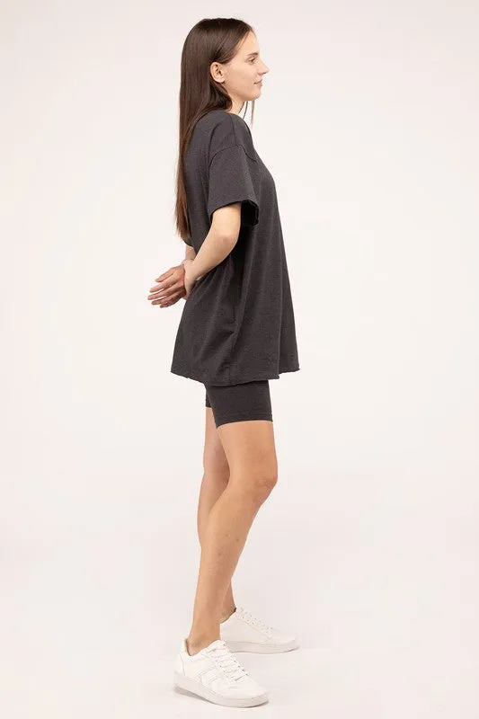 Zenana Cotton Blend Top & Biker Shorts Loungewear Set