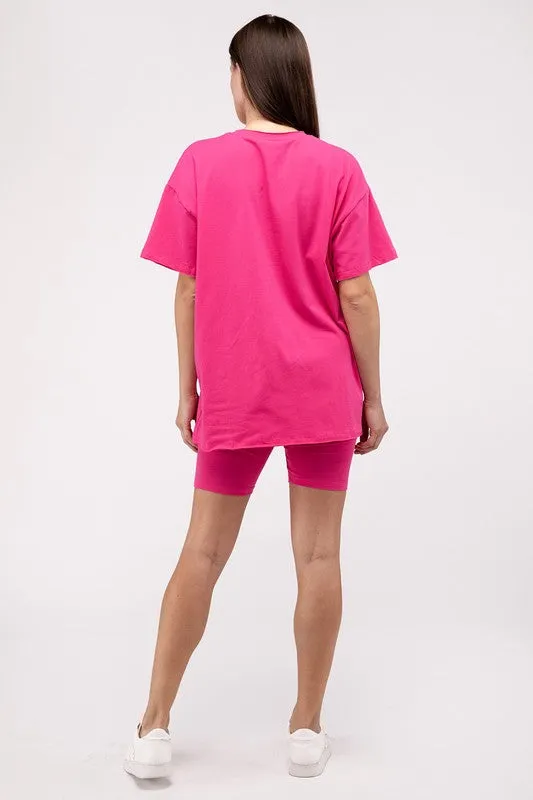 Zenana Cotton Blend Top & Biker Shorts Loungewear Set