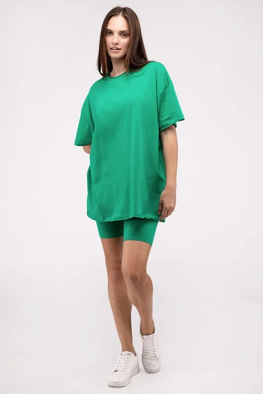 Zenana Cotton Blend Top & Biker Shorts Loungewear Set