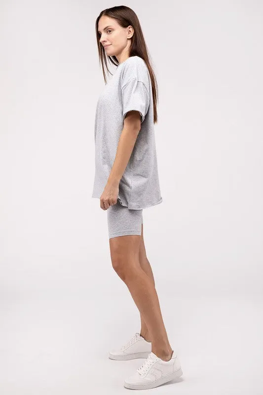 Zenana Cotton Blend Top & Biker Shorts Loungewear Set