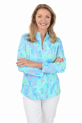 Blue Beach Drawings Cooling UPF50  Mock Neck Top Soft Wool WideNeckOpening