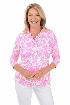Pink Heart Explosion Ruffle Neck UPF50  Top Friction Reducing Finish VentilatedBackPanel