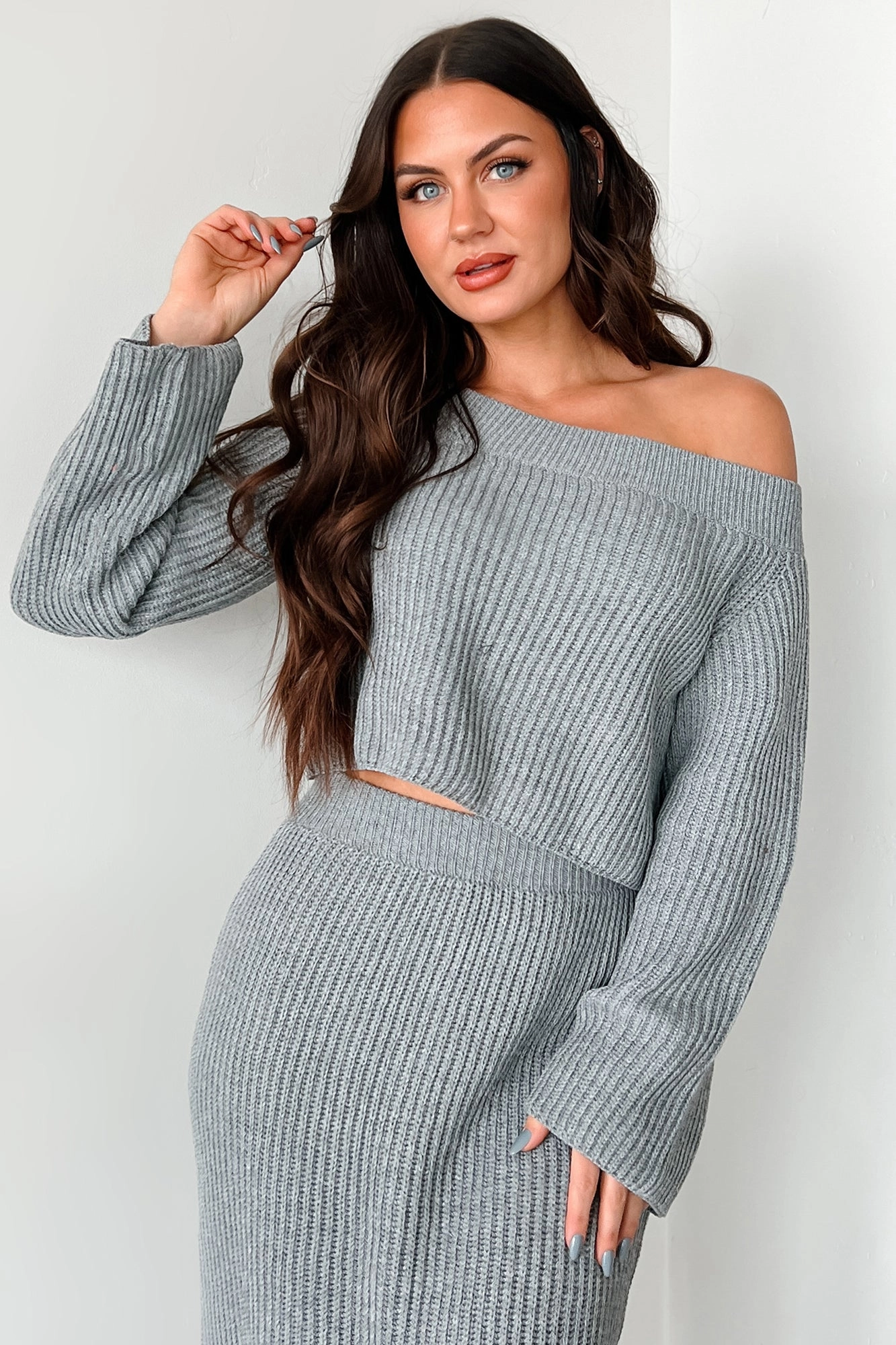 Something To Remember Off The Shoulder Sweater (Heather Grey) Moisture Wicking Technology