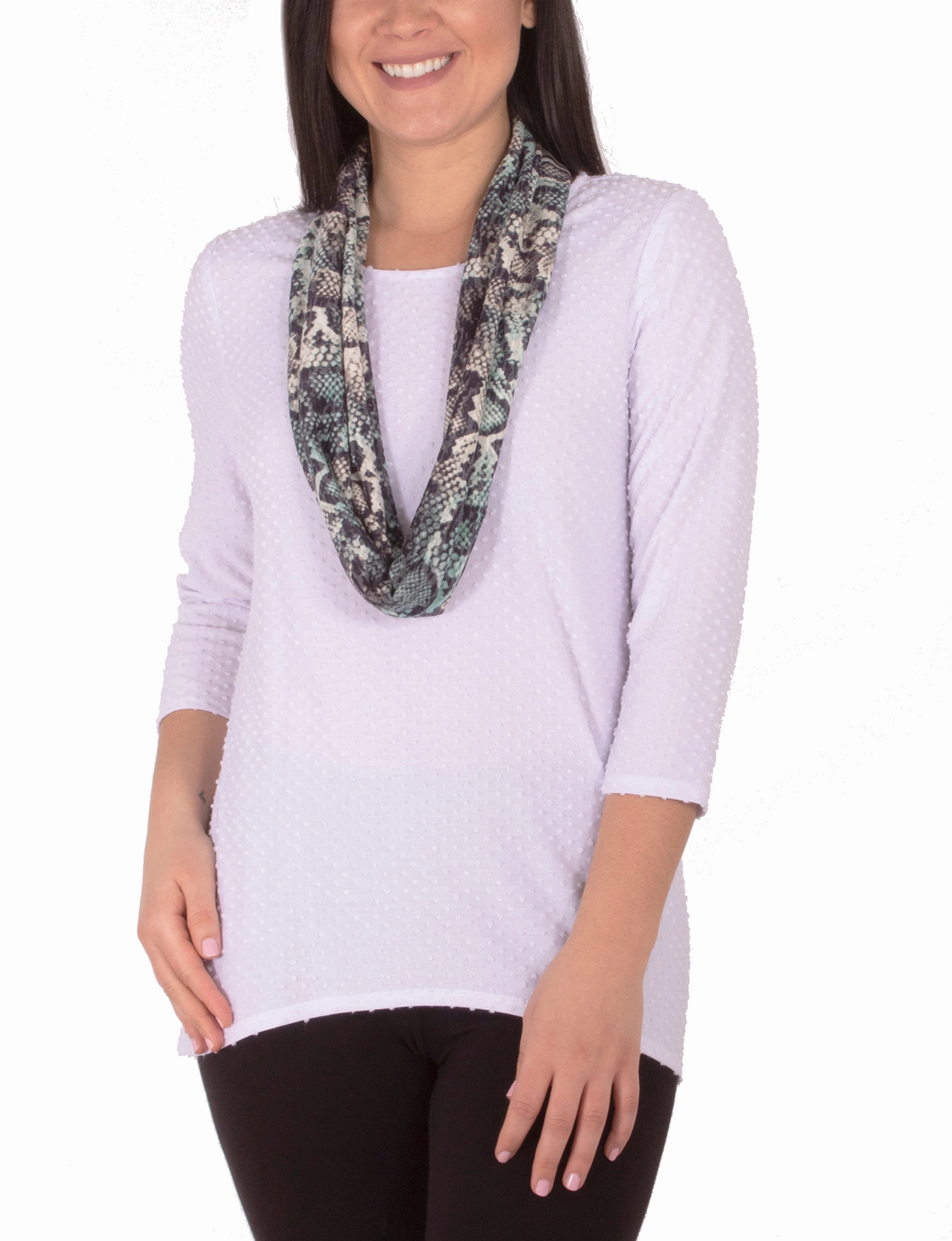 3/4 Sleeve Jewel Neck Top With Scarf LoopwheelFabric LightReflective