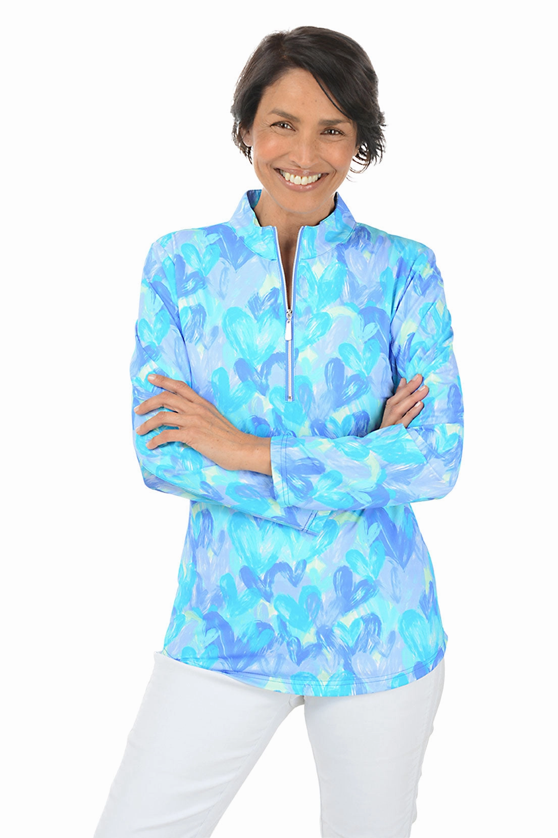Brushstroke Hearts Cooling UPF50  Mock Neck Top Compact Thermal Insulation