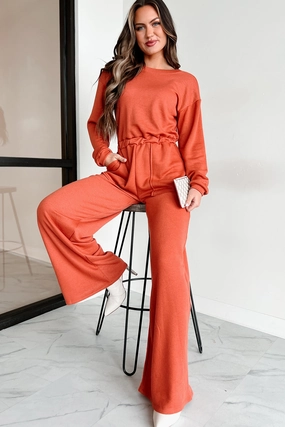 LightReflectiveTrim Plausible Deniability Long Sleeve Wide Leg Jumpsuit (Rust)