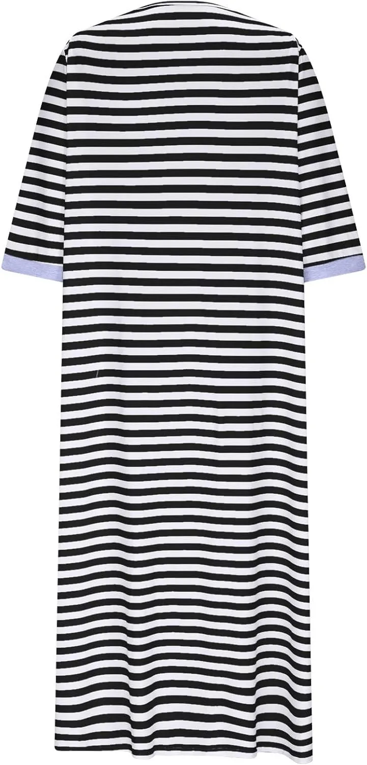 Zipper Front Striped Nightgowns for Women 3/4 Sleeve Nightshirt Loose Comfy Sleepshirt Color Block Nightdress with Pockets