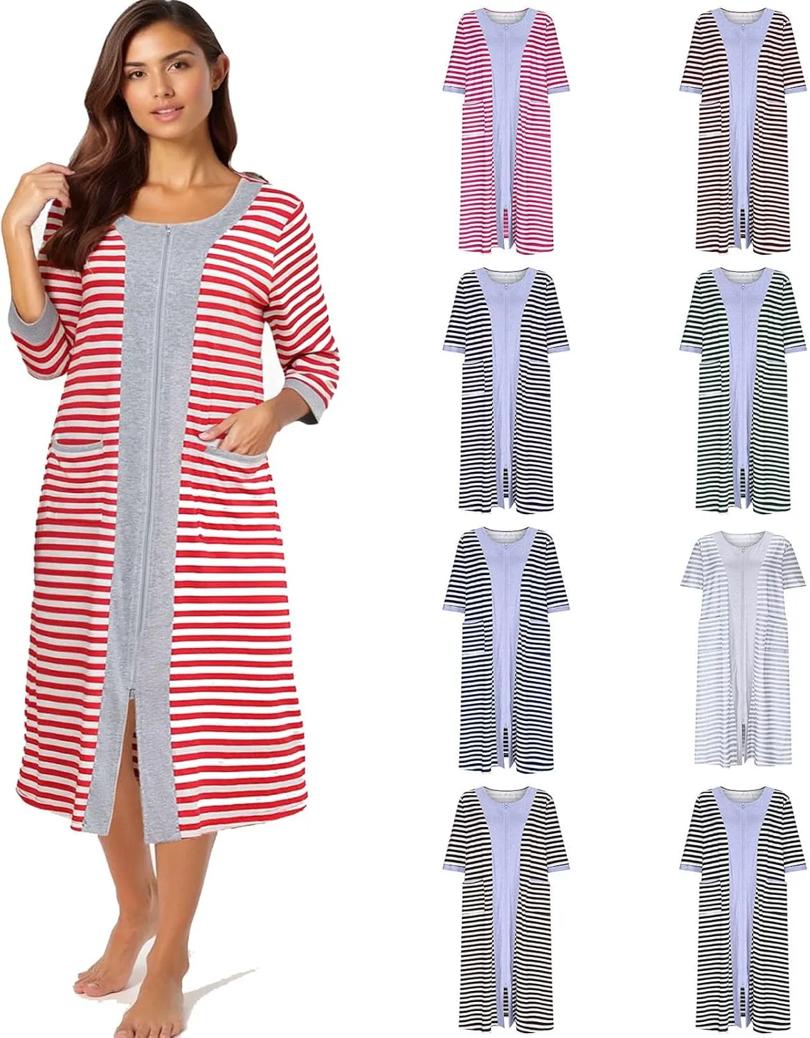 Zipper Front Striped Nightgowns for Women 3/4 Sleeve Nightshirt Loose Comfy Sleepshirt Color Block Nightdress with Pockets