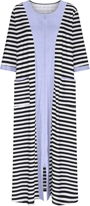 Zipper Front Striped Nightgowns for Women 3/4 Sleeve Nightshirt Loose Comfy Sleepshirt Color Block Nightdress with Pockets