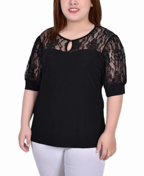 Plus Size Short Puff Sleeve Top With Lace Sleeves And Yoke Contoured Side Panels