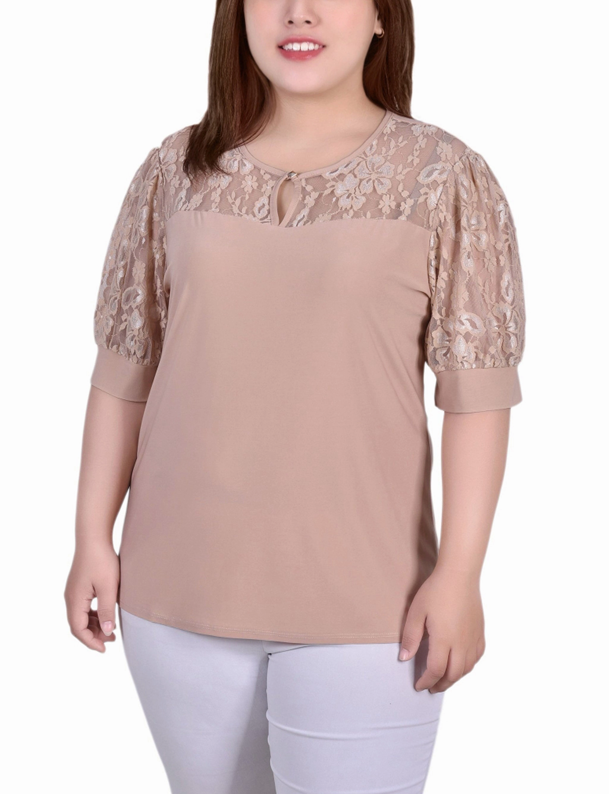 Eco Friendly Blend ButterySoftTextile Plus Size Short Puff Sleeve Top With Lace Sleeves And Yoke
