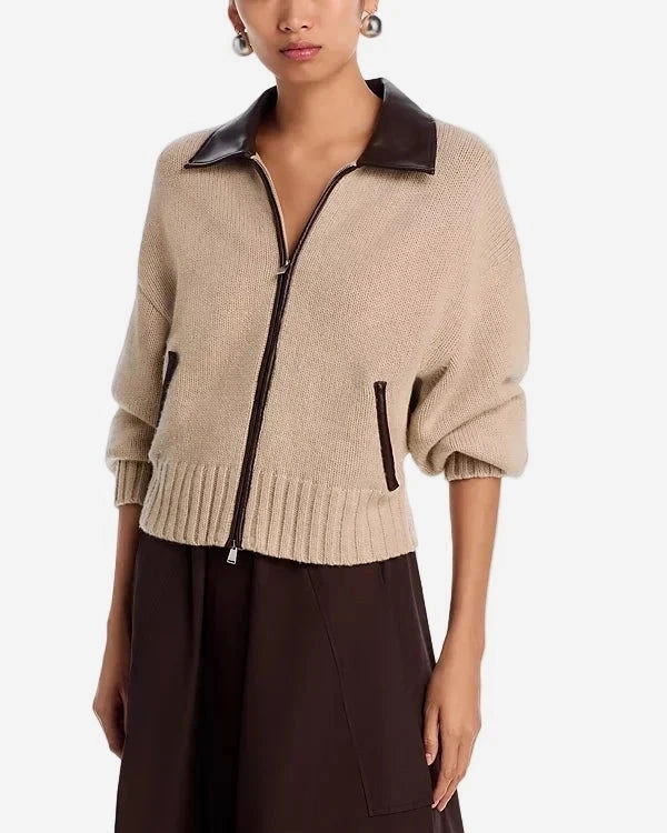 Zofia Zip Front Wool Cardigan Oatmeal CroppedLength MinimalistDesign