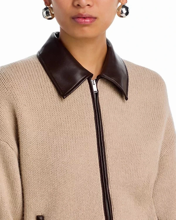 Zofia Zip Front Wool Cardigan Oatmeal Double Layered Hem