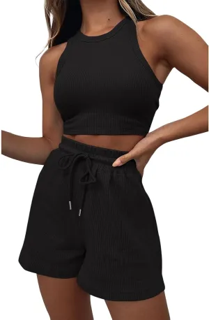 ZWRXW 2 Piece Set Women Summer Waffle Lounge Set Sleeveless Crop Top and Shorts Matching Outfits Cute Tracksuits Sweatsuits