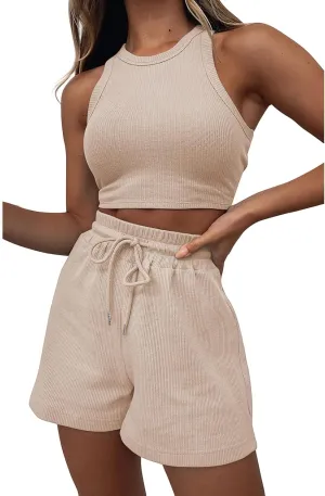 ZWRXW 2 Piece Set Women Summer Waffle Lounge Set Sleeveless Crop Top and Shorts Matching Outfits Cute Tracksuits Sweatsuits