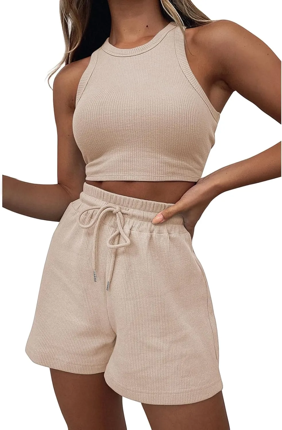 ZWRXW 2 Piece Set Women Summer Waffle Lounge Set Sleeveless Crop Top and Shorts Matching Outfits Cute Tracksuits Sweatsuits